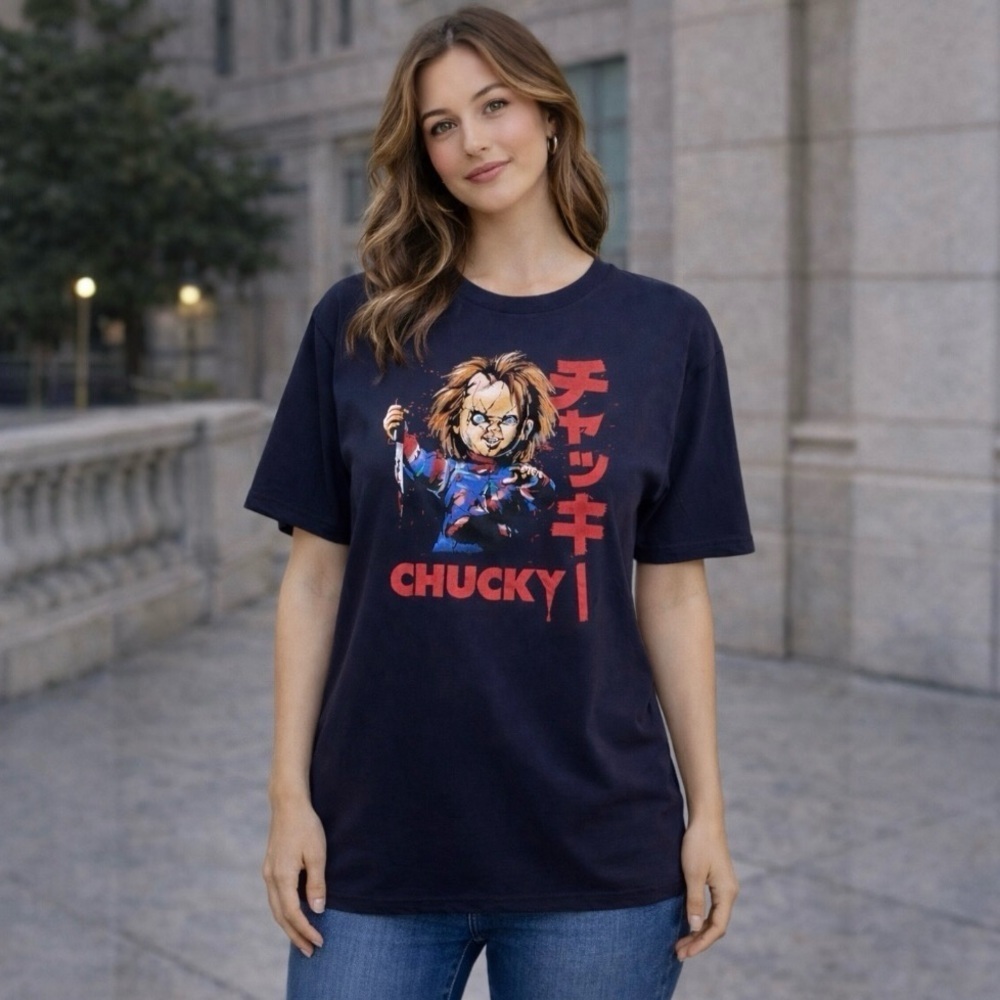 Chucky Child’s Play Wanna Play? Black and Red Japanese Graphic T-Shirt Size L
